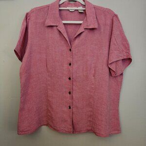 J. Jill 100% Linen Soft Red Collared Short Sleeve Button Down Blouse Size Large